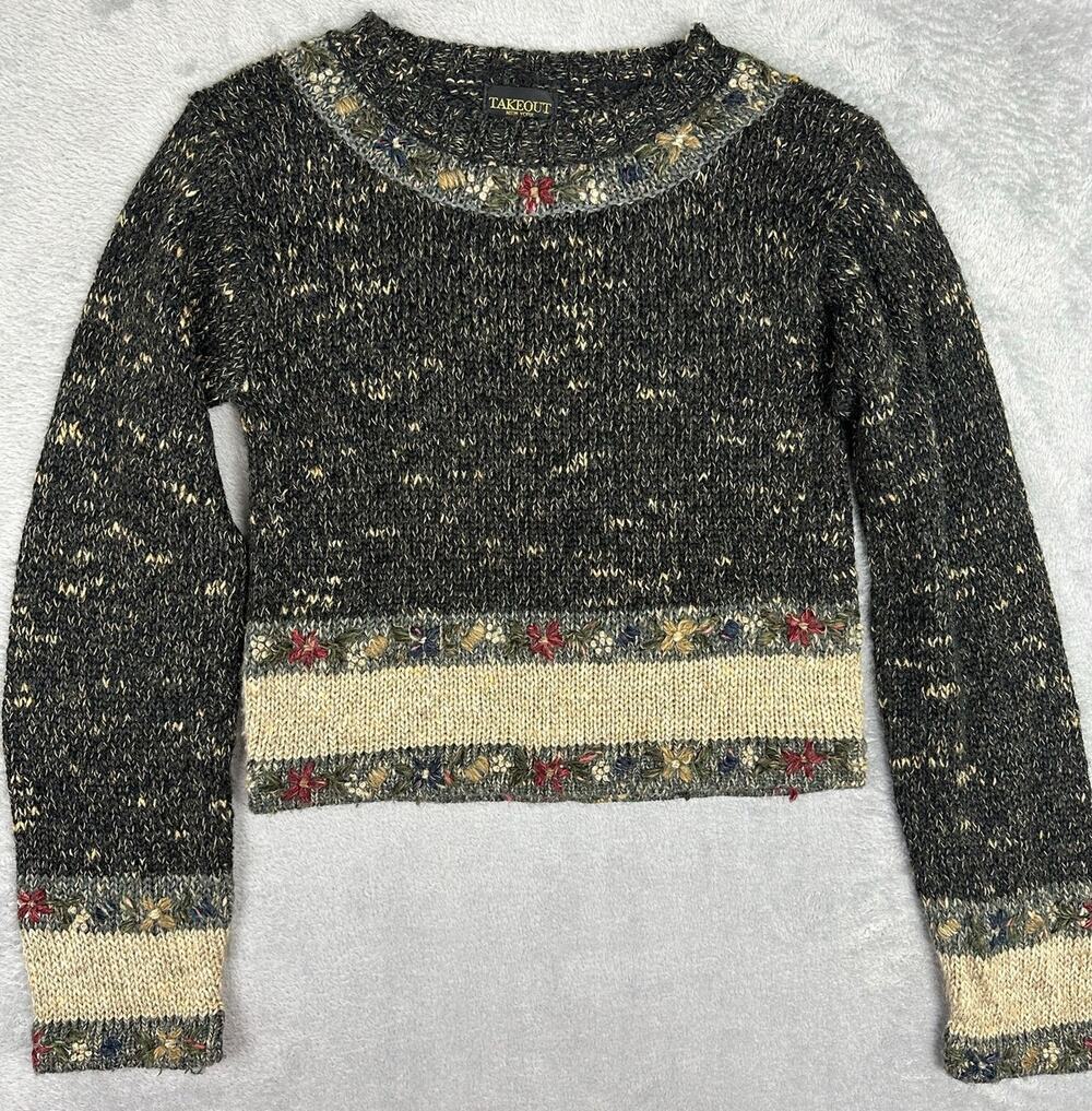 Y2K Gray Marled Wool Blend Striped Floral Embroidered Sweater Vintage Cottage M
